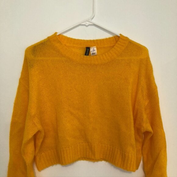 DIVIDED H&M Solid Mustard Golden Open Weave Semi Sheer Crew Neck Sweater Small S - Picture 6 of 13